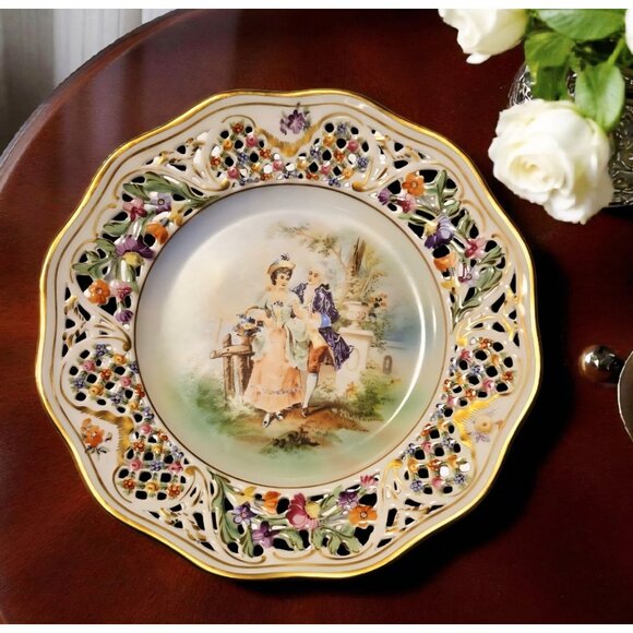 Schumann Bavaria Germany Chateau Courting Couple Reticulated Pierced Plate - Picture 1 of 3
